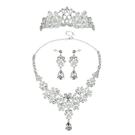 Crystal Wedding Crown Necklace Earrings Kit Bridal Tiara Jewelry Set 